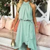 Duck Egg Halterneck Dipped Hem Midi Dress