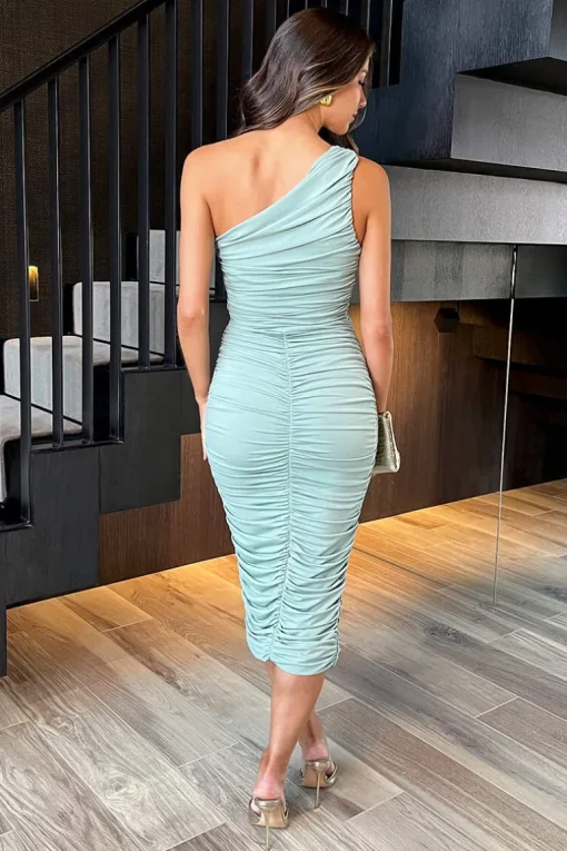 Duck Egg One Shoulder Ring Detail Ruched Bodycon Midi Dress