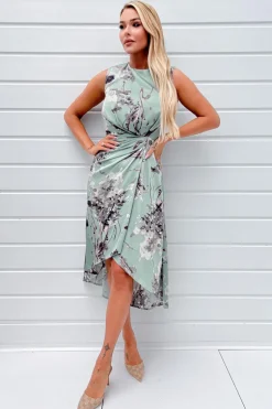 Duck Egg Print Gathered Midi Dress With Shoulder Pads