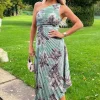 Duck Egg Printed One Shoulder Pleated Midi Dress