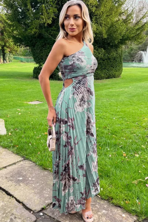 Duck Egg Printed One Shoulder Pleated Midi Dress