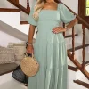 Duck Egg Puff Sleeve Shirred Waist Smock Midi Dress