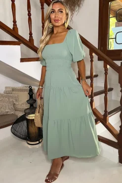 Duck Egg Puff Sleeve Shirred Waist Smock Midi Dress