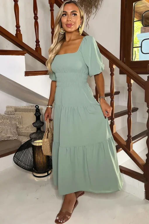 Duck Egg Puff Sleeve Shirred Waist Smock Midi Dress