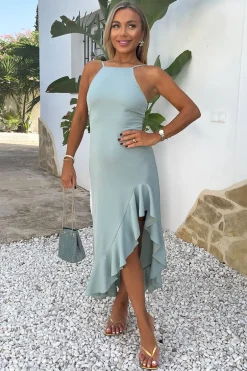 Duck Egg Racer Neck High Low Frill Hem Midi Dress