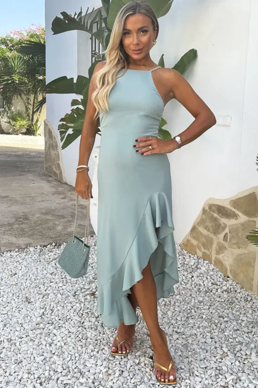 Duck Egg Racer Neck High Low Frill Hem Midi Dress