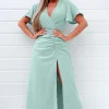 Duck Egg Ruched Split Leg Midi Dress