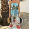 Duck Egg Safari Print Strapless Shirred Waist Side Split Midi Dress