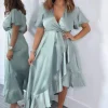 Duck Egg Satin Frill Hem Short Sleeve Midi Dress