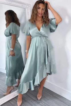 Duck Egg Satin Frill Hem Short Sleeve Midi Dress