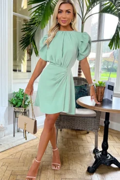 Duck Egg Short Puff Sleeve Drape Skirt Mini Dress