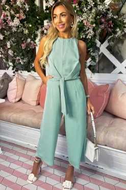 Duck Egg Sleeveless Knot Front Jumpsuit
