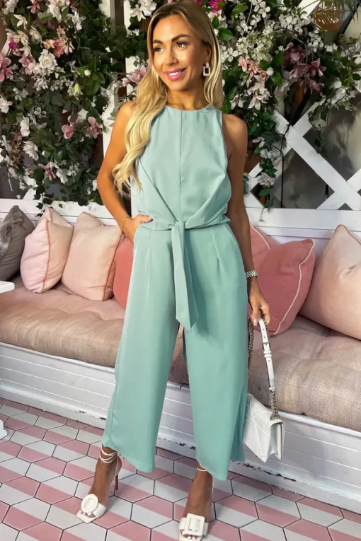 Duck Egg Sleeveless Knot Front Jumpsuit