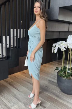 Duck Egg Strappy Wrap Top Gathered Skirt Midi Dress