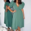 Duck Egg Wrap Over Tie Midi Dress