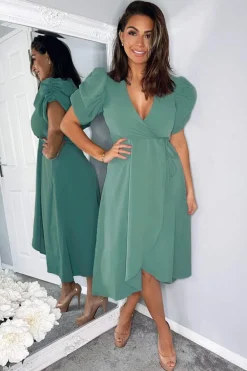 Duck Egg Wrap Over Tie Midi Dress