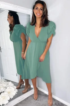Duck Egg Wrap Over Tie Midi Dress