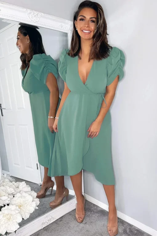 Duck Egg Wrap Over Tie Midi Dress