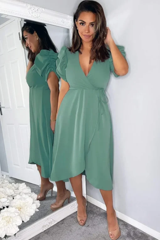 Duck Egg Wrap Over Tie Midi Dress