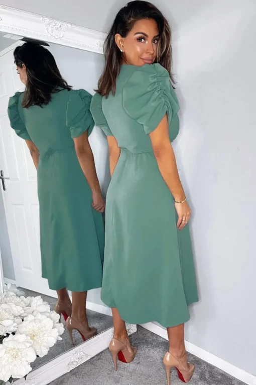 Duck Egg Wrap Over Tie Midi Dress