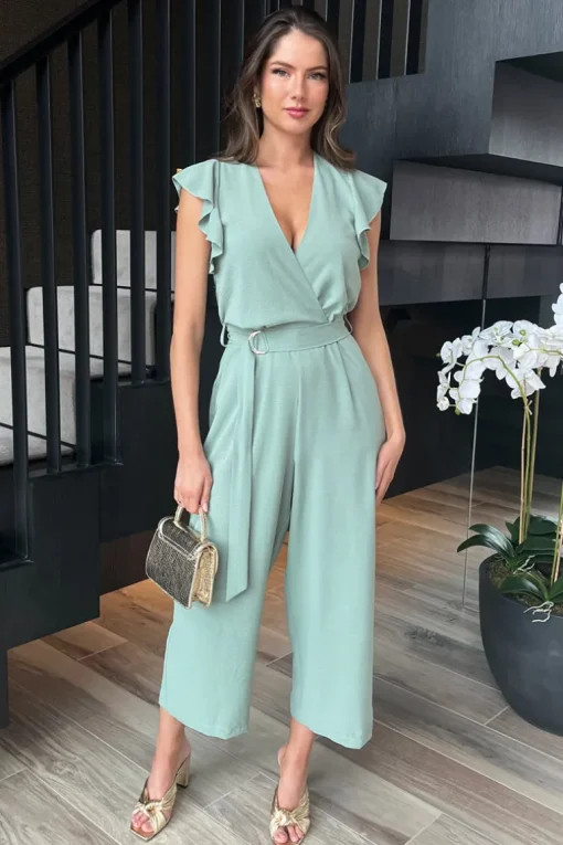 Duck Egg Wrap Top Flutter Sleeve Belted Jumpsuit