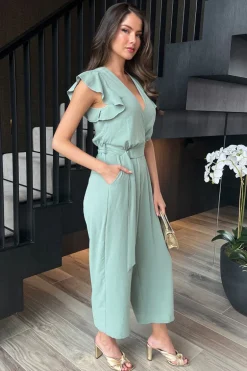 Duck Egg Wrap Top Flutter Sleeve Belted Jumpsuit