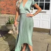 Duck Egg Wrap Top Zig Zag Hem Pleated Midi Dress
