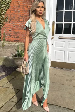 Duck Egg Wrap Top Zig Zag Hem Pleated Midi Dress