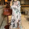 Dusty Pink Printed Batwing Top Wrap Skirt Midi Dress