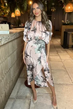 Dusty Pink Printed Batwing Top Wrap Skirt Midi Dress