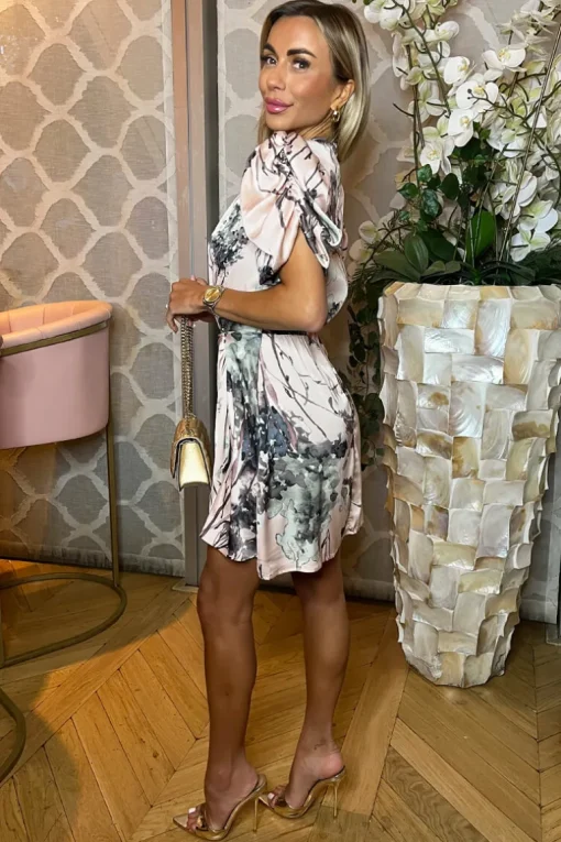 Dusty Pink Printed Short Puff Sleeve Gathered Side Mini Dress