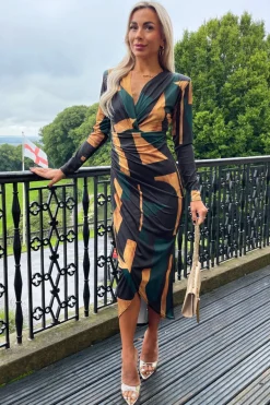 Forest Geometric Print Long Sleeve Wrap Midi Dress