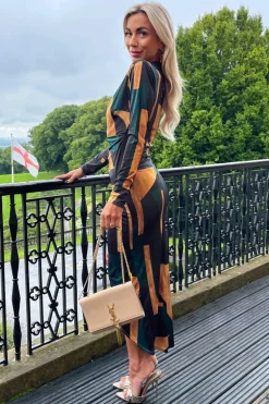 Forest Geometric Print Long Sleeve Wrap Midi Dress