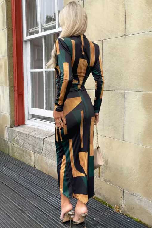 Forest Geometric Print Long Sleeve Wrap Midi Dress