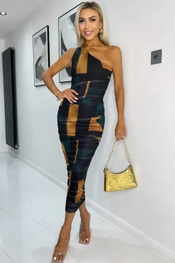 Forest Geometric Print Mesh One Shoulder Bodycon Midi Dress