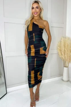 Forest Geometric Print Mesh One Shoulder Bodycon Midi Dress