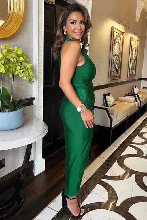 Forest Halter Neck Draped Wrap Skirt Midi Dress