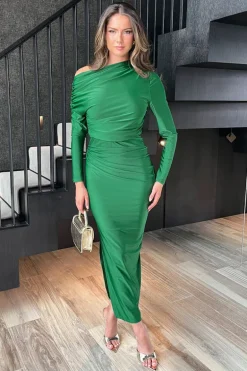 Forest Off The Shoulder Long Sleeves Draped Midi Dress