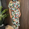 Green Abstract Print High Neck Wrap Skirt Midi Dress