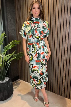 Green Abstract Print High Neck Wrap Skirt Midi Dress