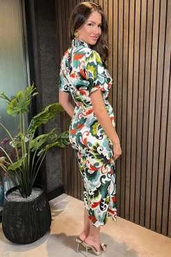 Green Abstract Print High Neck Wrap Skirt Midi Dress
