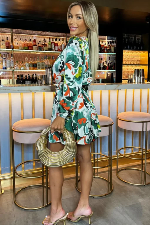 Green Abstract Print Long Sleeve Belted Skater Mini Dress