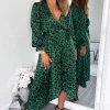Green And Black Animal Printed Wrap Over Midi Dress