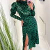 Green and Black Animal Print Puff Long Sleeve Midi Dress