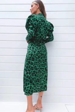 Green and Black Animal Print Puff Long Sleeve Midi Dress