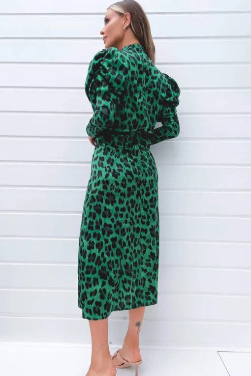 Green and Black Animal Print Puff Long Sleeve Midi Dress