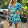 Green And Blue Abstract Printed Wrap Top Skater Mini Dress