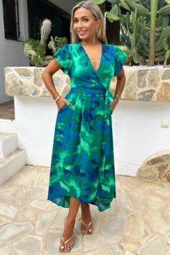 Green And Blue Abstract Print Short Sleeve Belted Wrap Midi Dress