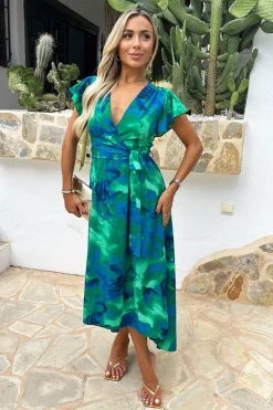 Green And Blue Abstract Print Short Sleeve Belted Wrap Midi Dress