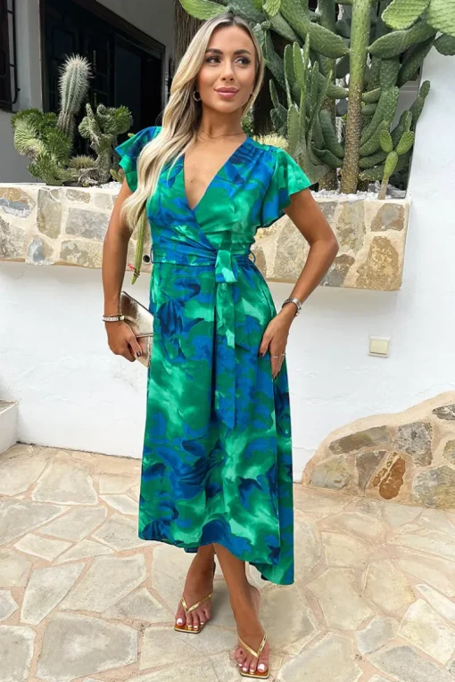 Green And Blue Abstract Print Short Sleeve Belted Wrap Midi Dress